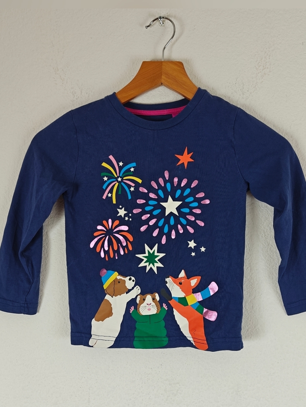 Mini Boden Bonfire Party Tee 🌙 Blue Starboard Animal Appliqué Long Sleeve 3-4Y